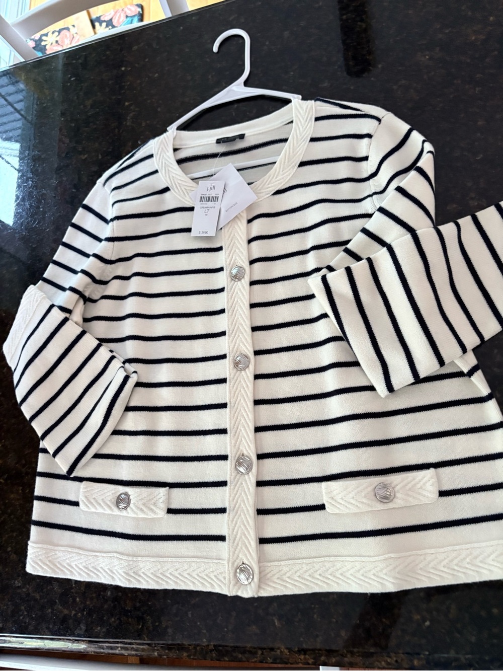 J. Jill Cream and Navy Blue Striped Crewneck Button Cardigan